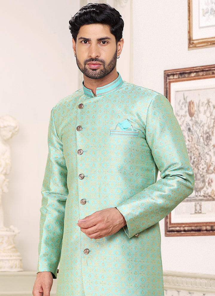Elegant Sea Green Banarasi Silk Indo western Suit | Stylish Attire for Wedding
