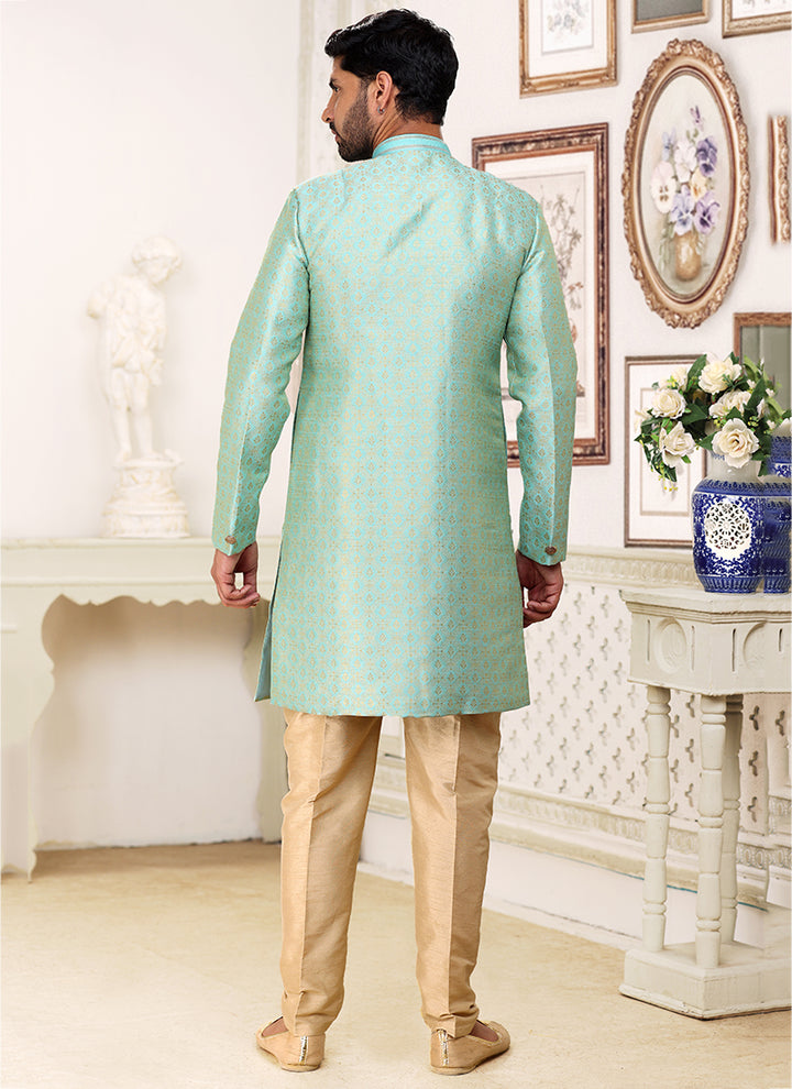 Elegant Sea Green Banarasi Silk Indo western Suit | Stylish Attire for Wedding