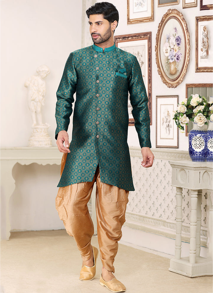 Designer Tael Green Jacquard Indo western Suit | Stylish Attire for Wedding