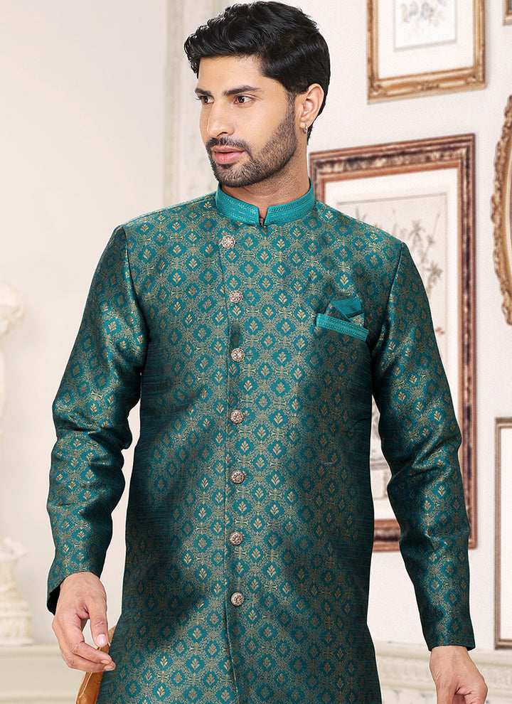 Designer Tael Green Jacquard Indo western Suit | Stylish Attire for Wedding