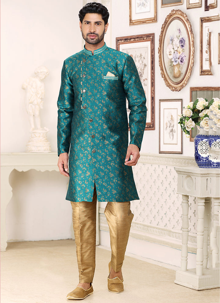 Teal Green Banarasi Jacquard Indo Western | Elegant Weaving Festival Wear