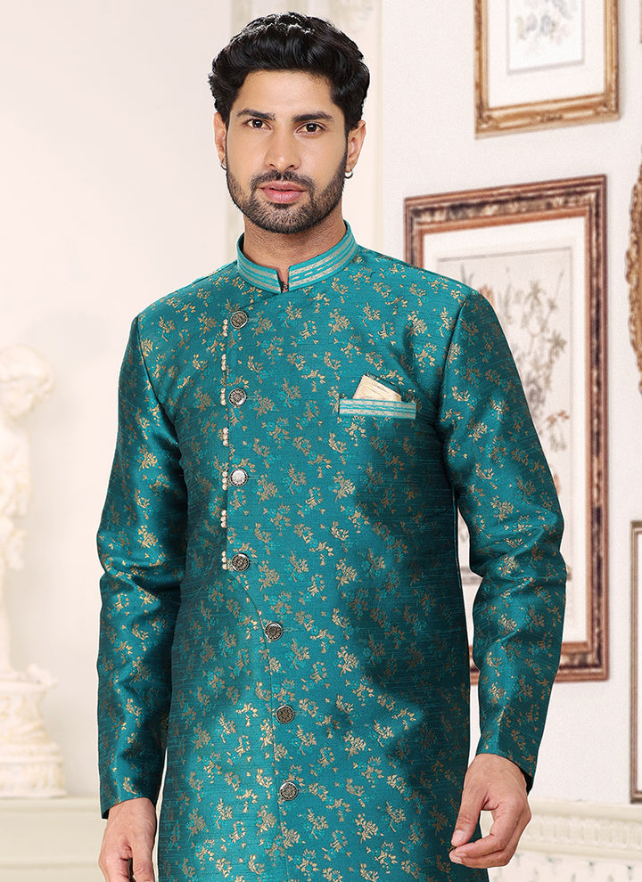 Teal Green Banarasi Jacquard Indo Western | Elegant Weaving Festival Wear