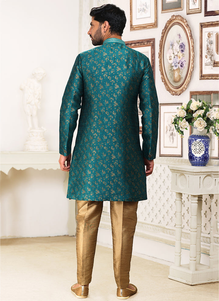 Teal Green Banarasi Jacquard Indo Western | Elegant Weaving Festival Wear