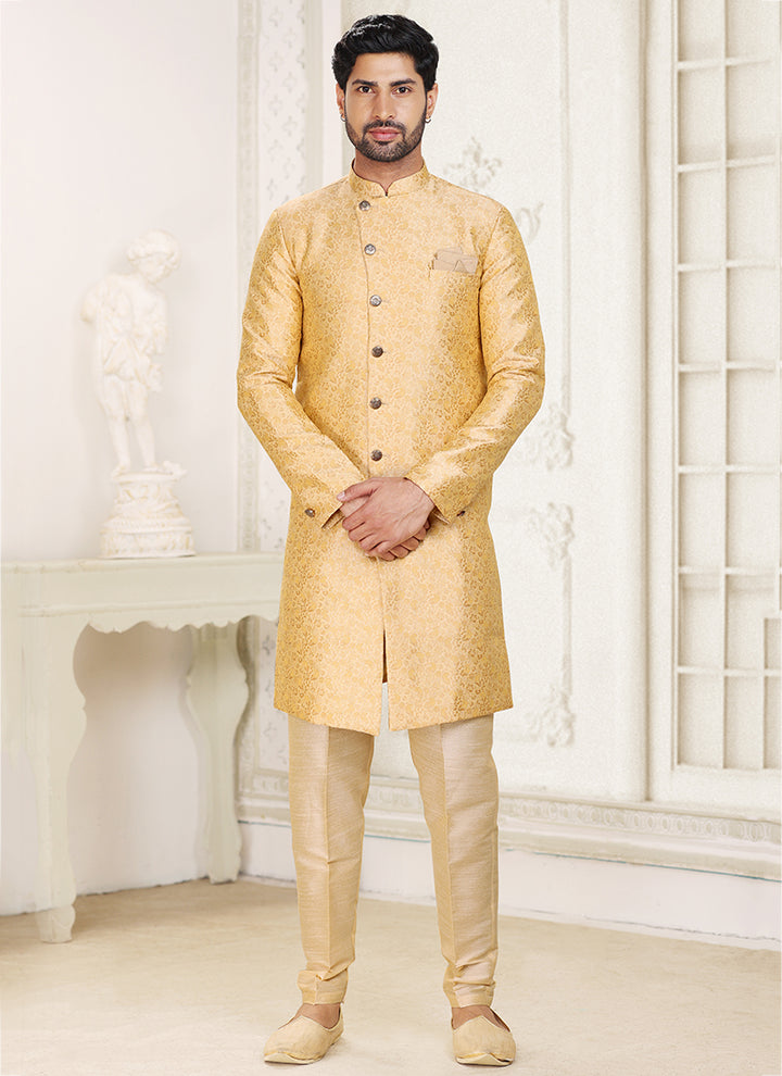 Beige Jacquard Indo western Outfit | Luxurious Look for Weddings & Festive Events