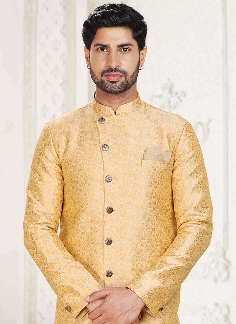 Beige Jacquard Indo western Outfit | Luxurious Look for Weddings & Festive Events