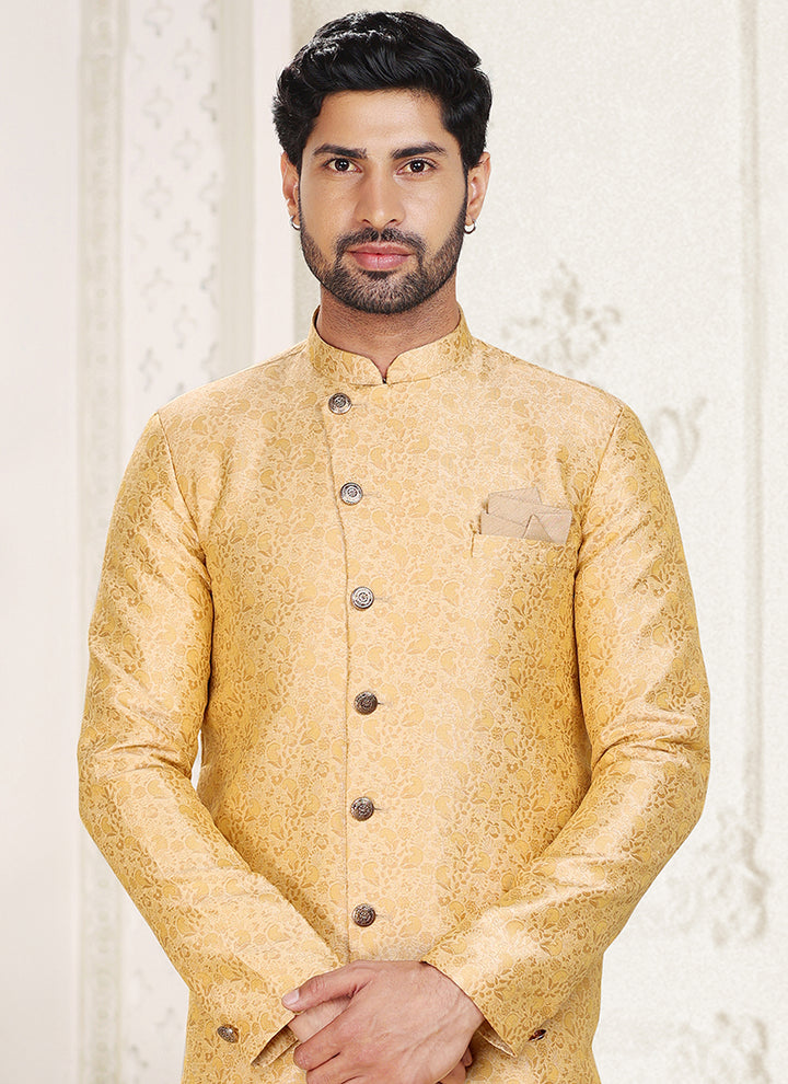 Beige Jacquard Indo western Outfit | Luxurious Look for Weddings & Festive Events