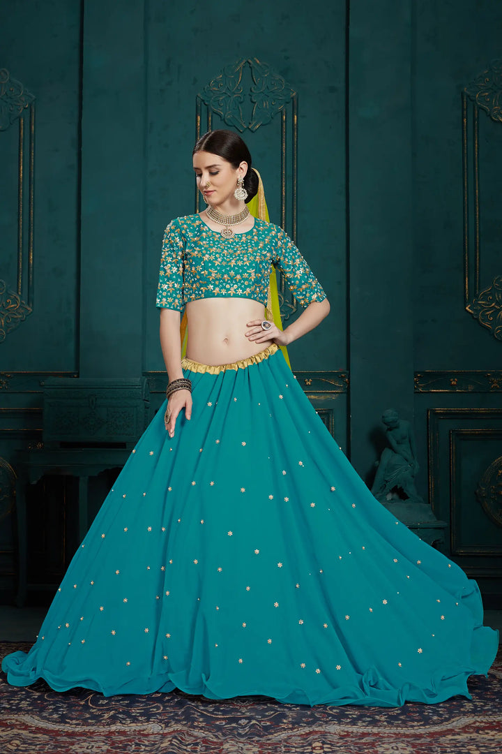 Elegant Wedding Lehenga for Women | Teal Blue Georgette Choli Set