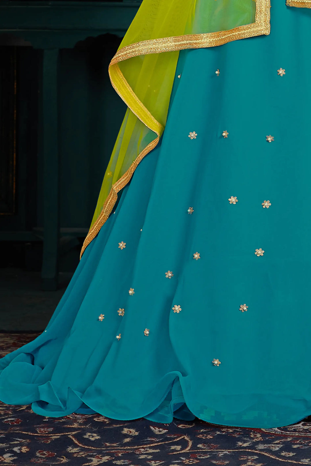 Elegant Wedding Lehenga for Women | Teal Blue Georgette Choli Set