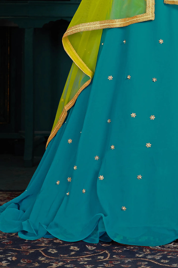 Elegant Wedding Lehenga for Women | Teal Blue Georgette Choli Set
