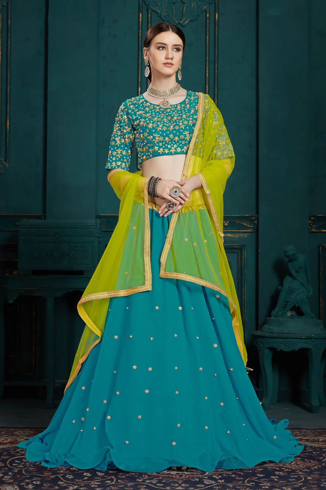 Elegant Wedding Lehenga for Women | Teal Blue Georgette Choli Set