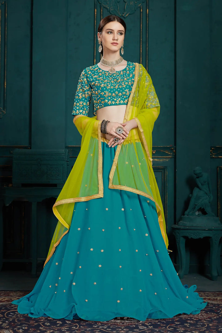 Elegant Wedding Lehenga for Women | Teal Blue Georgette Choli Set