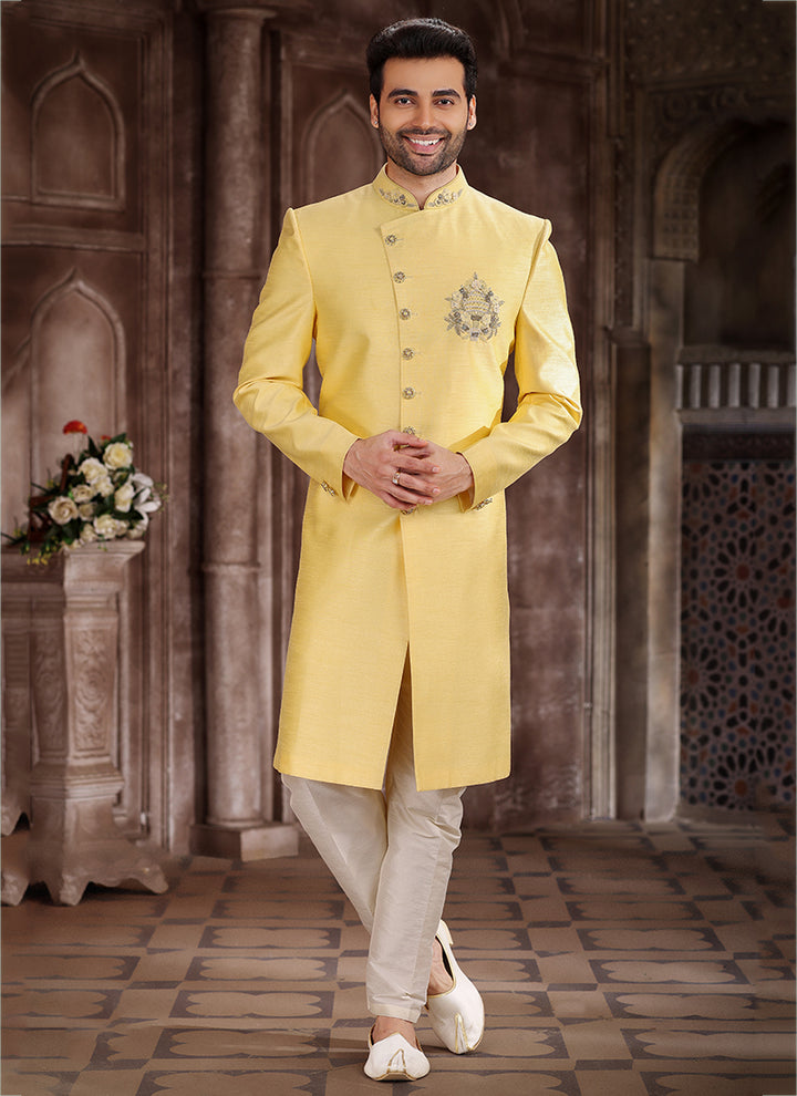 Yellow Sherwani for Men | Elegant Art Silk Ethnic Attire