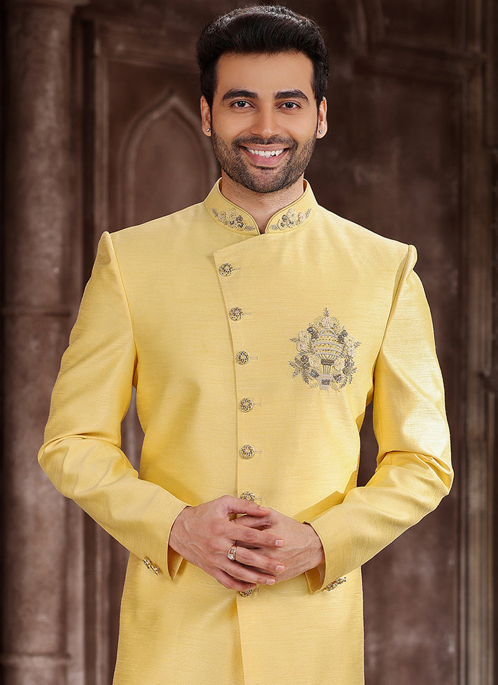 Yellow Sherwani for Men | Elegant Art Silk Ethnic Attire