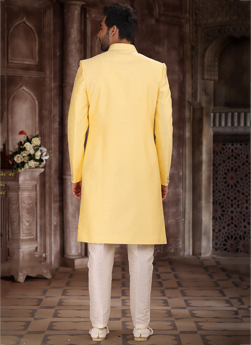 Yellow Sherwani for Men | Elegant Art Silk Ethnic Attire