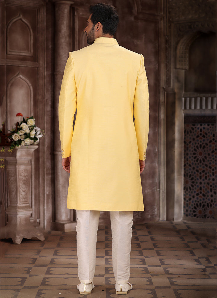 Yellow Sherwani for Men | Elegant Art Silk Ethnic Attire