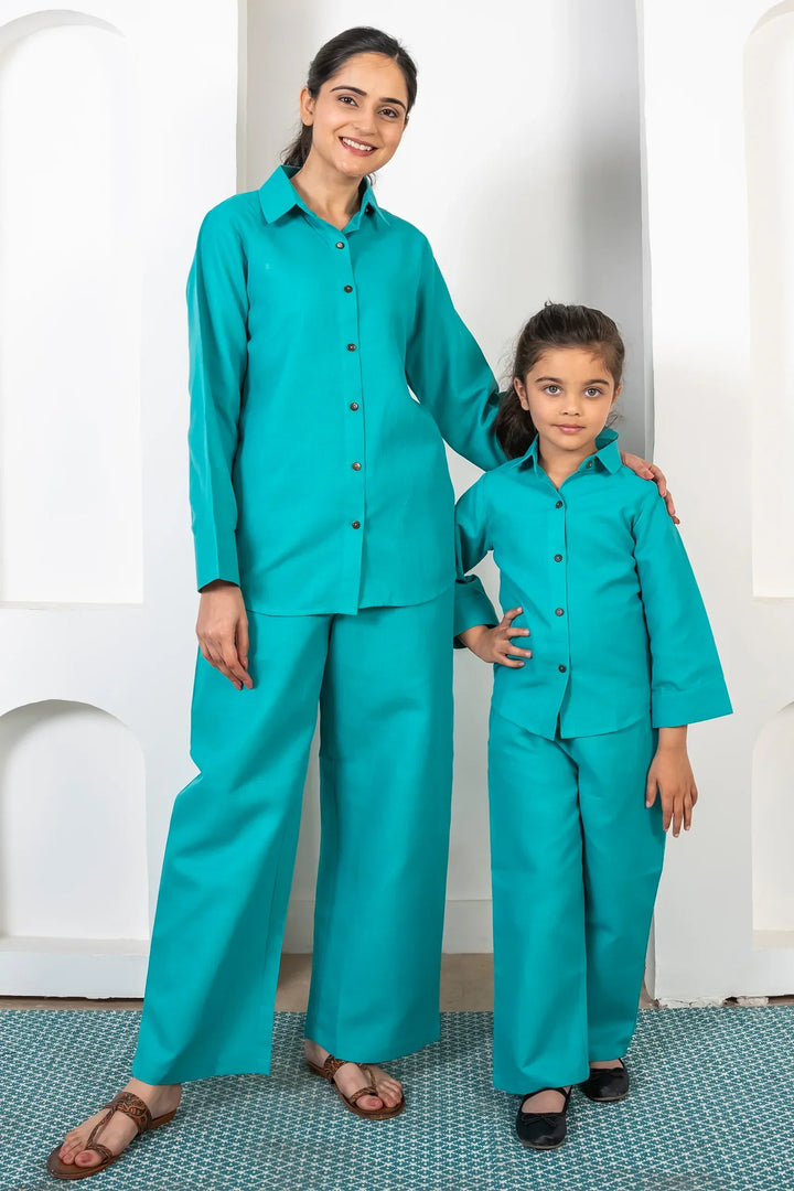 Comfy Cotton Matching Outfits - Mom & Daughter Teal Blue Co-Ord Set
