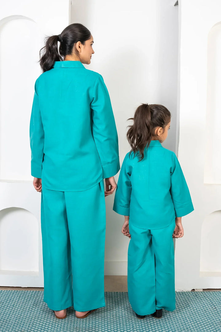 Comfy Cotton Matching Outfits - Mom & Daughter Teal Blue Co-Ord Set