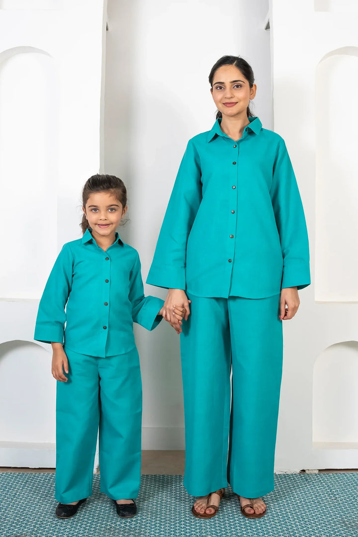 Comfy Cotton Matching Outfits - Mom & Daughter Teal Blue Co-Ord Set