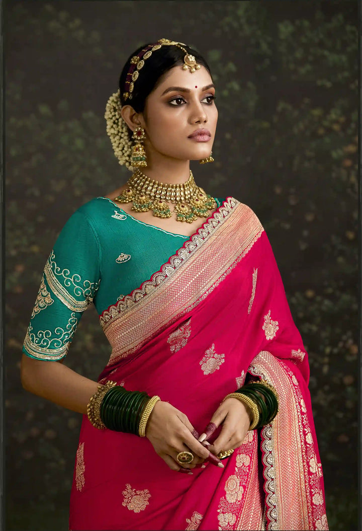 Designer Rani Pink Dola Silk Saree with Embroidery Work for Weddings