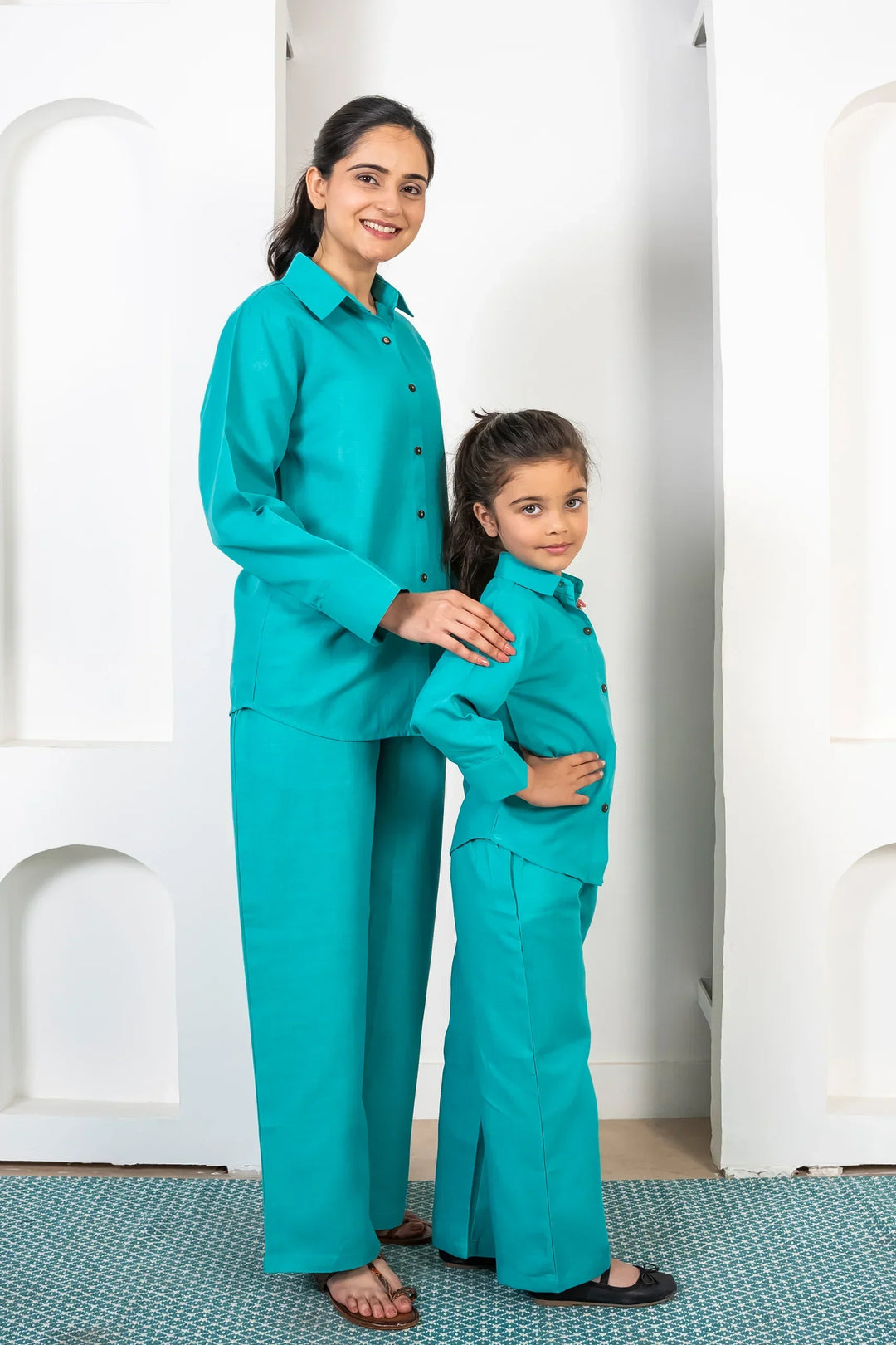 Comfy Cotton Matching Outfits - Mom & Daughter Teal Blue Co-Ord Set