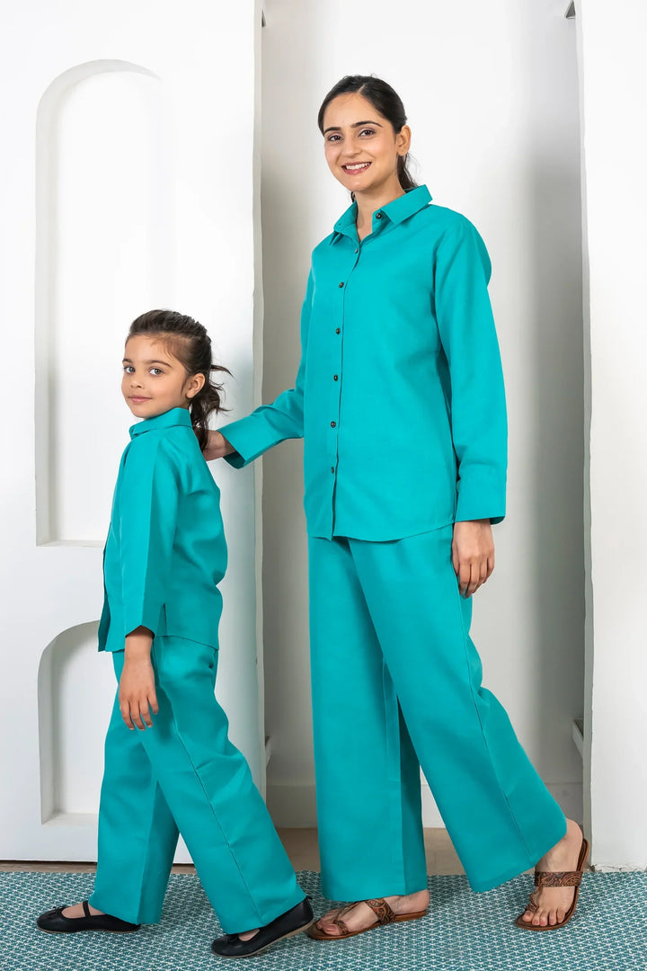 Comfy Cotton Matching Outfits - Mom & Daughter Teal Blue Co-Ord Set