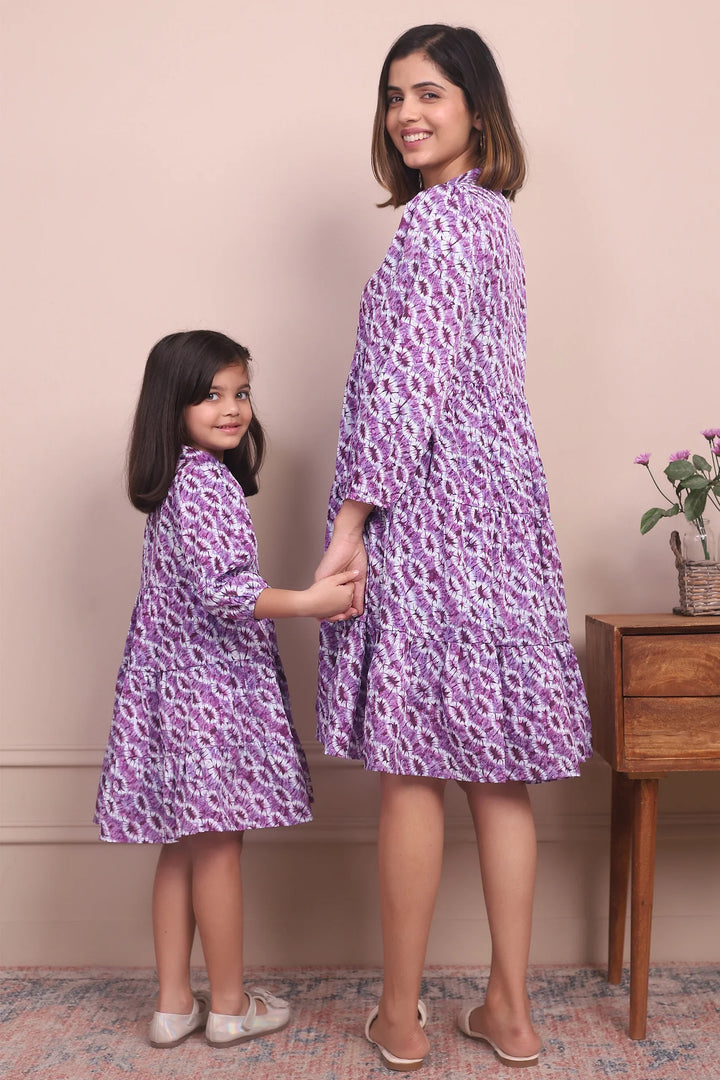Twin Style Statements: Purple Cotton Collar Dresses for Mom and Daughter