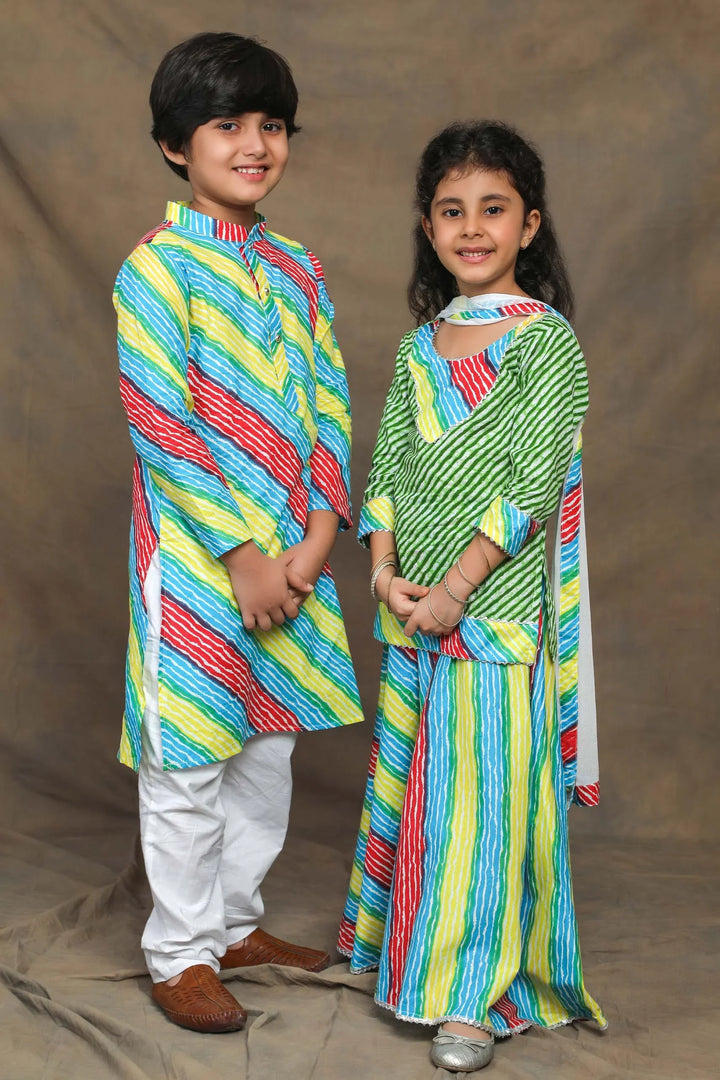 Vibrant Green And Multicolored Leheriya Brother and Sister Twin Set