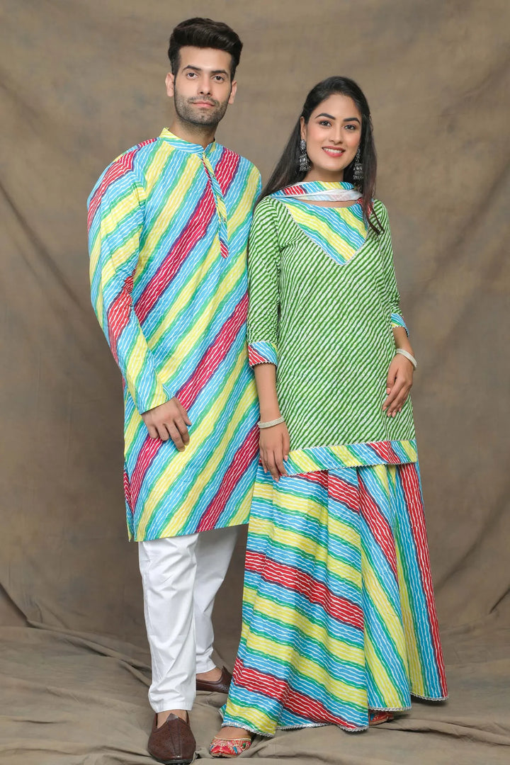 Vibrant Green And Multicolored Leheriya Couple Twin Set