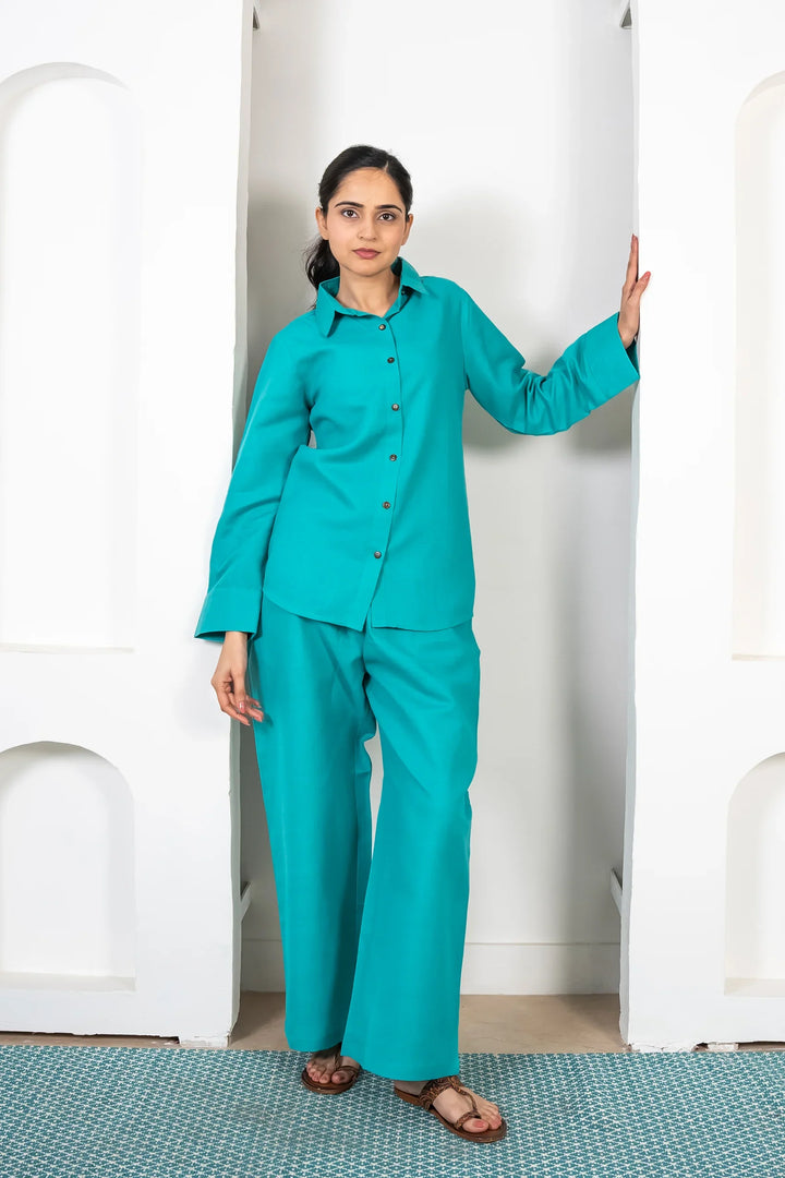 Teal Blue Pant with Shirts Co ord Set For Women