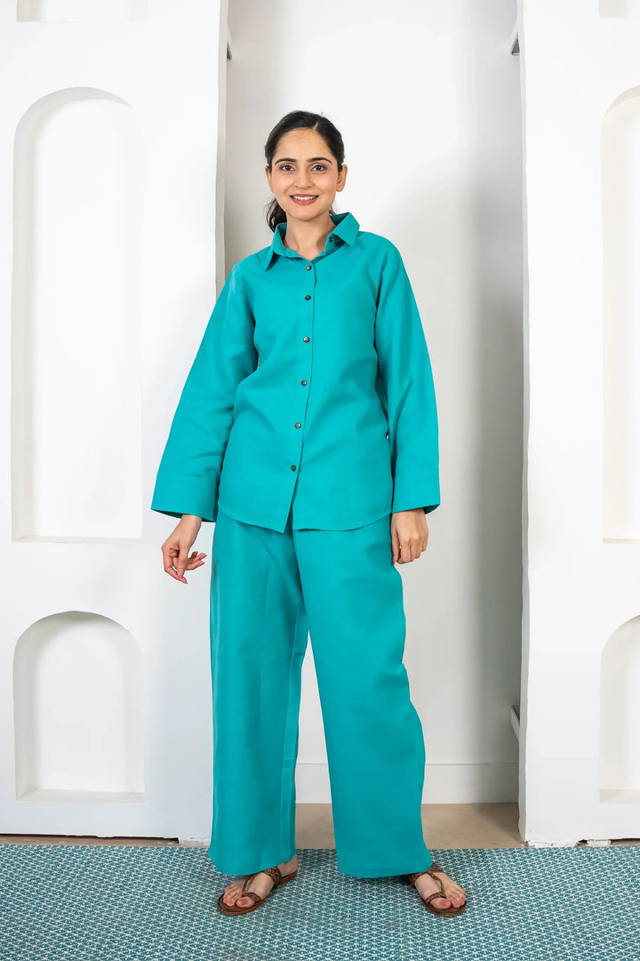 Teal Blue Pant with Shirts Co ord Set For Women