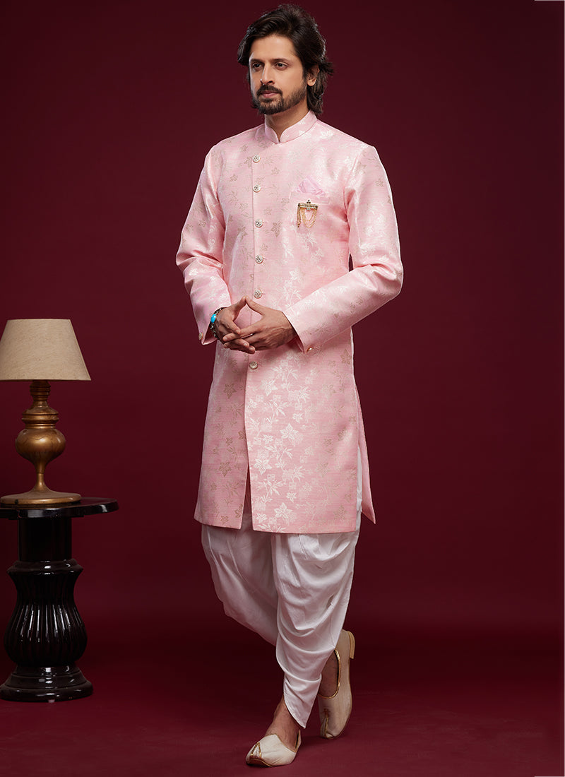 Pink Banarasi Jacquard Peshawari Indo Western | Traditional Weaving Wear
