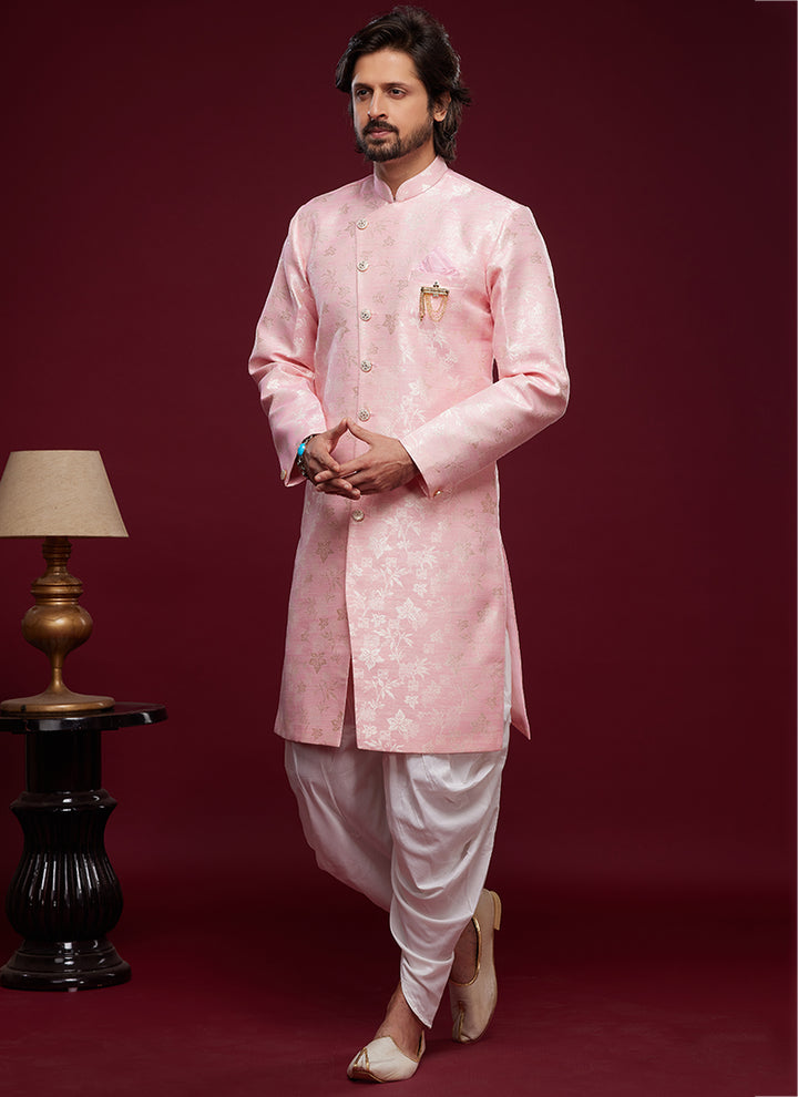 Pink Banarasi Jacquard Peshawari Indo Western | Traditional Weaving Wear