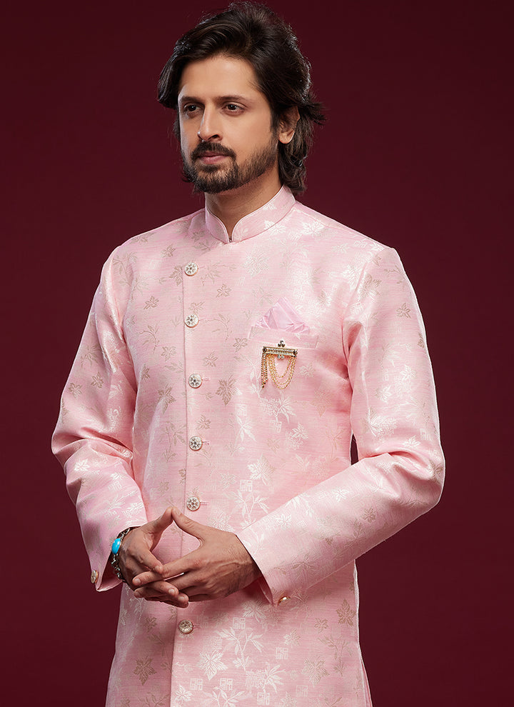 Pink Banarasi Jacquard Peshawari Indo Western | Traditional Weaving Wear