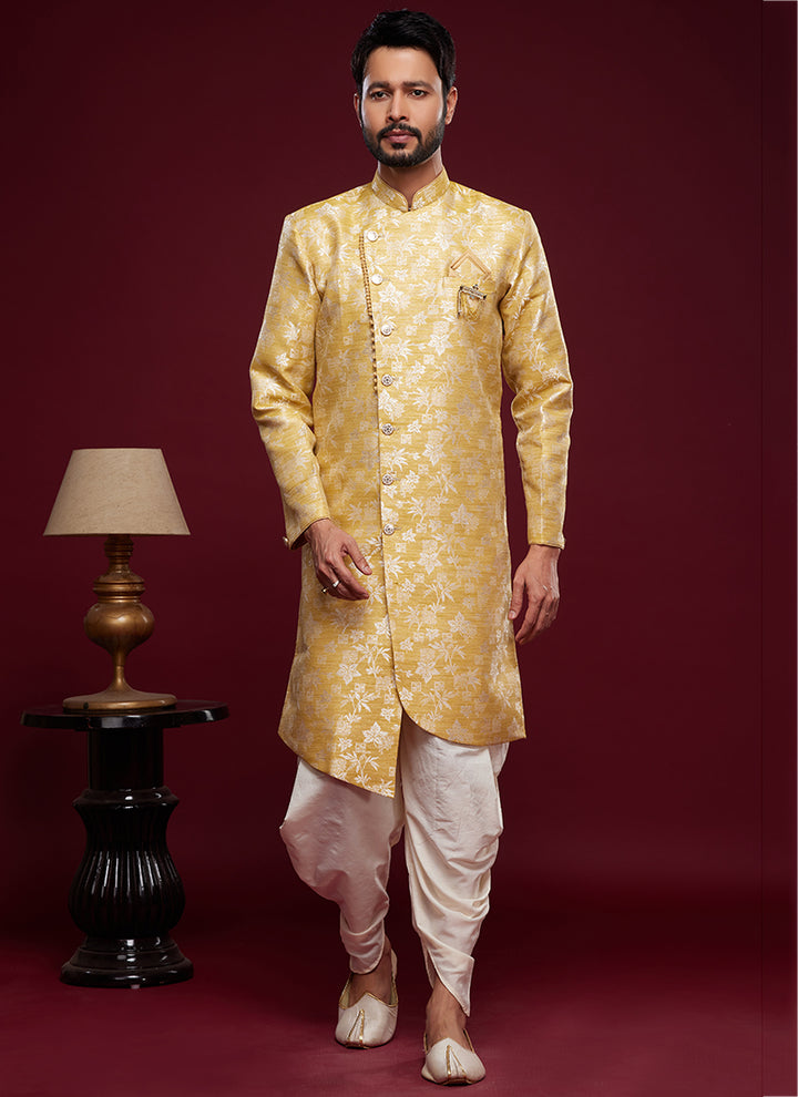 Golden Banarasi Jacquard Peshawari Indo Western | Traditional Weaving Wear