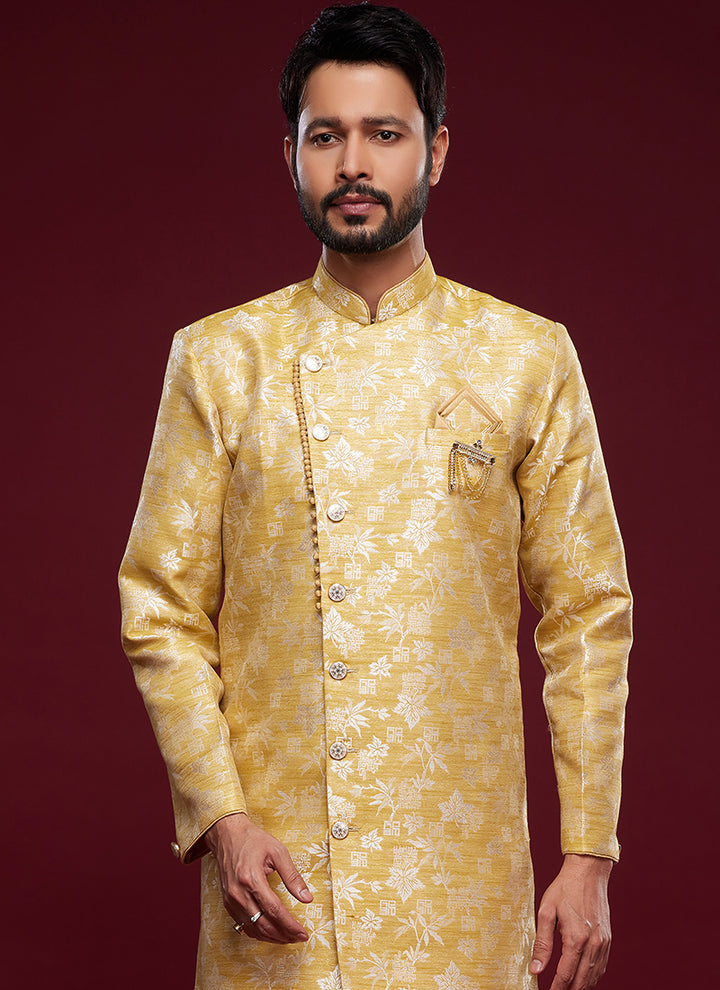 Golden Banarasi Jacquard Peshawari Indo Western | Traditional Weaving Wear