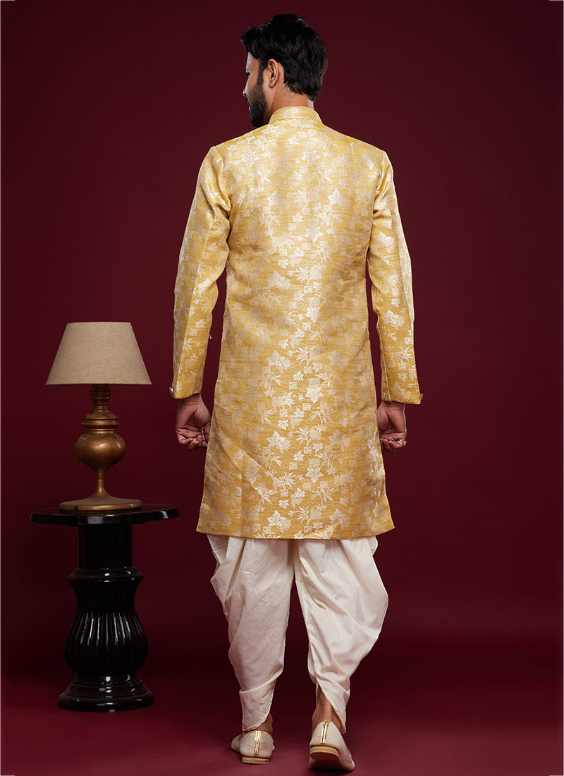 Golden Banarasi Jacquard Peshawari Indo Western | Traditional Weaving Wear