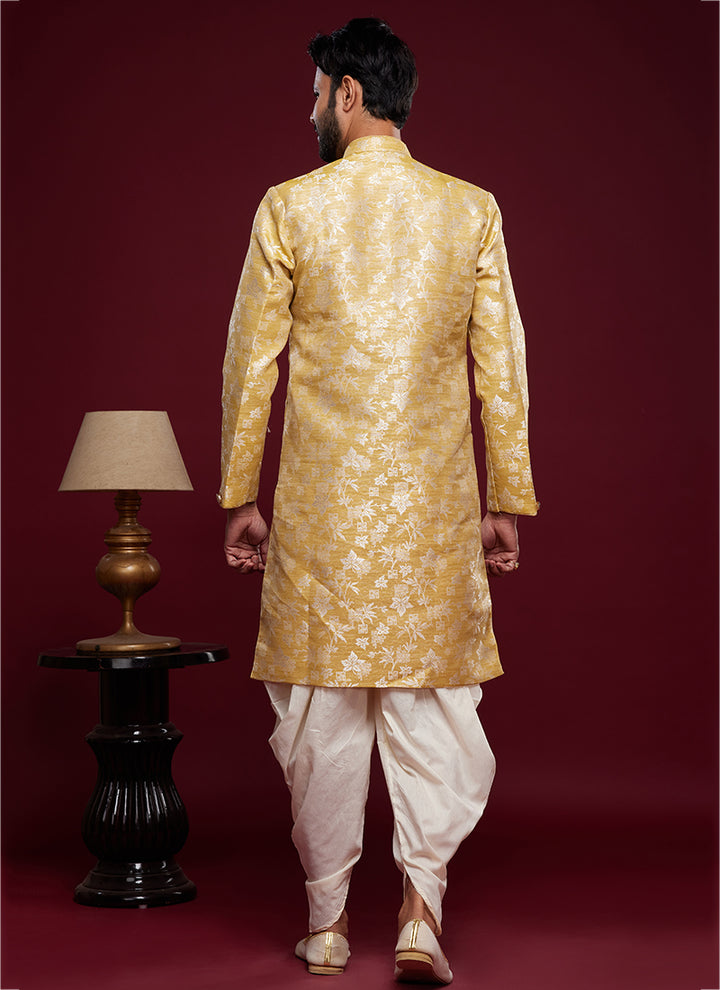 Golden Banarasi Jacquard Peshawari Indo Western | Traditional Weaving Wear