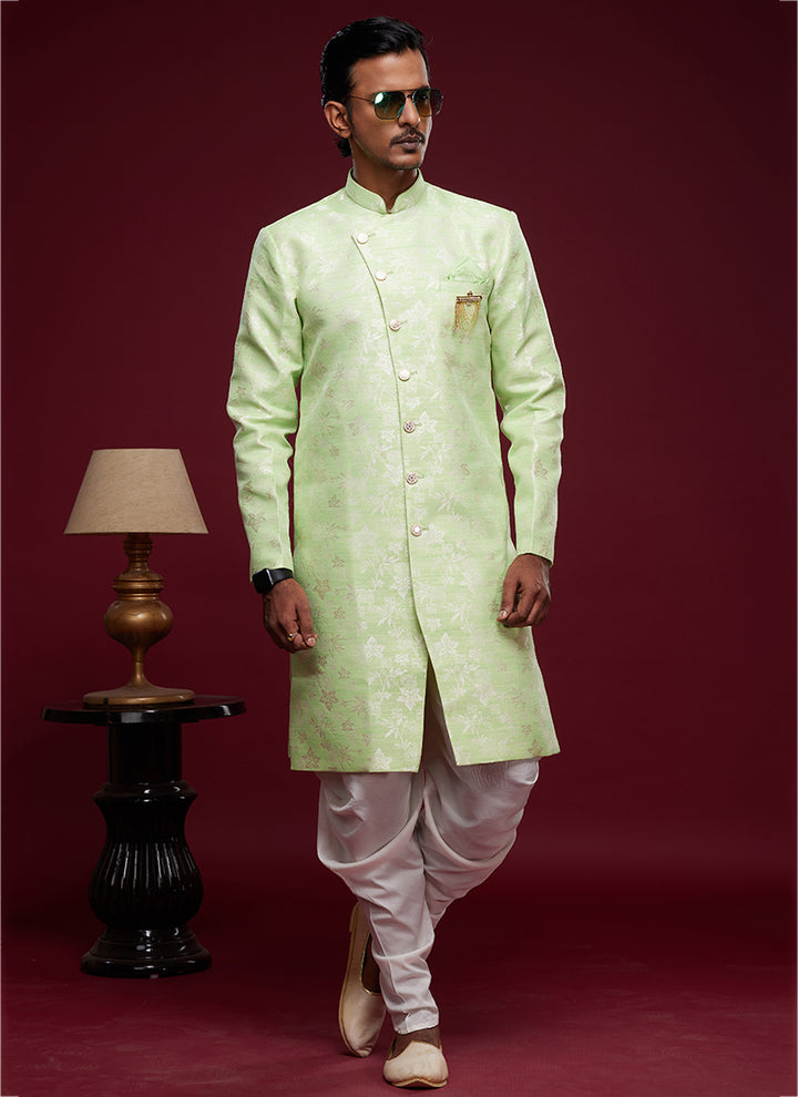 Peshawari Indo Western | Light Pista Green Banarasi Jacquard for Festive Wear