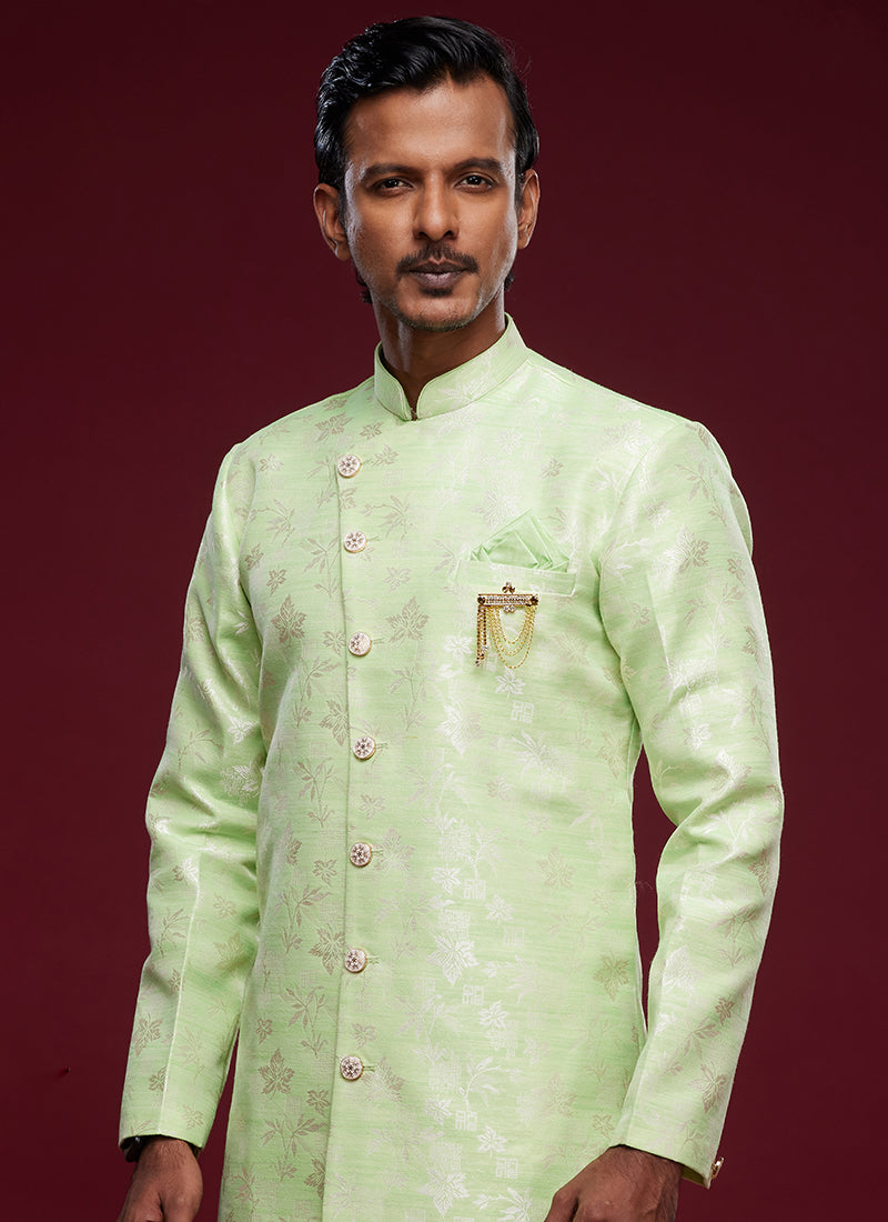 Peshawari Indo Western | Light Pista Green Banarasi Jacquard for Festive Wear