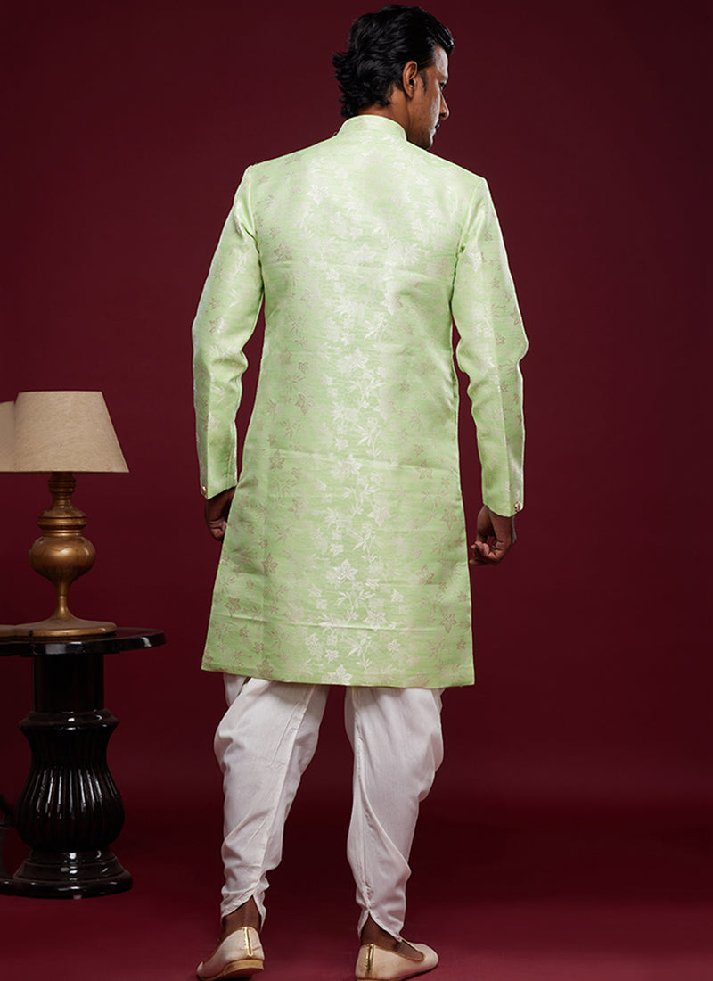 Peshawari Indo Western | Light Pista Green Banarasi Jacquard for Festive Wear