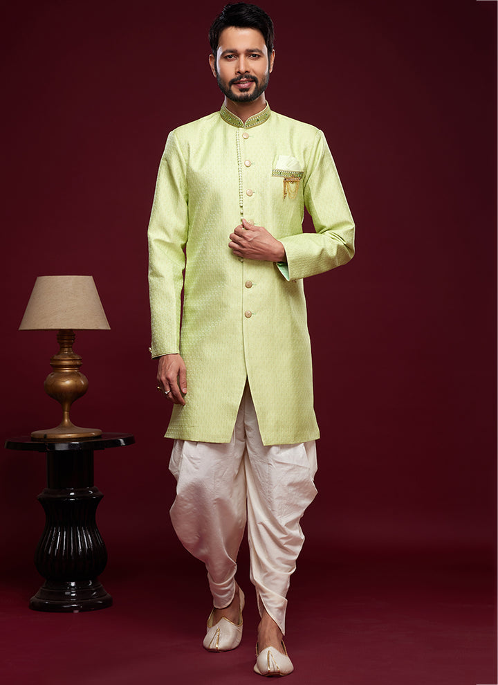 Pista Green Banarasi Jacquard Peshawari Indo Western | Festive Wear