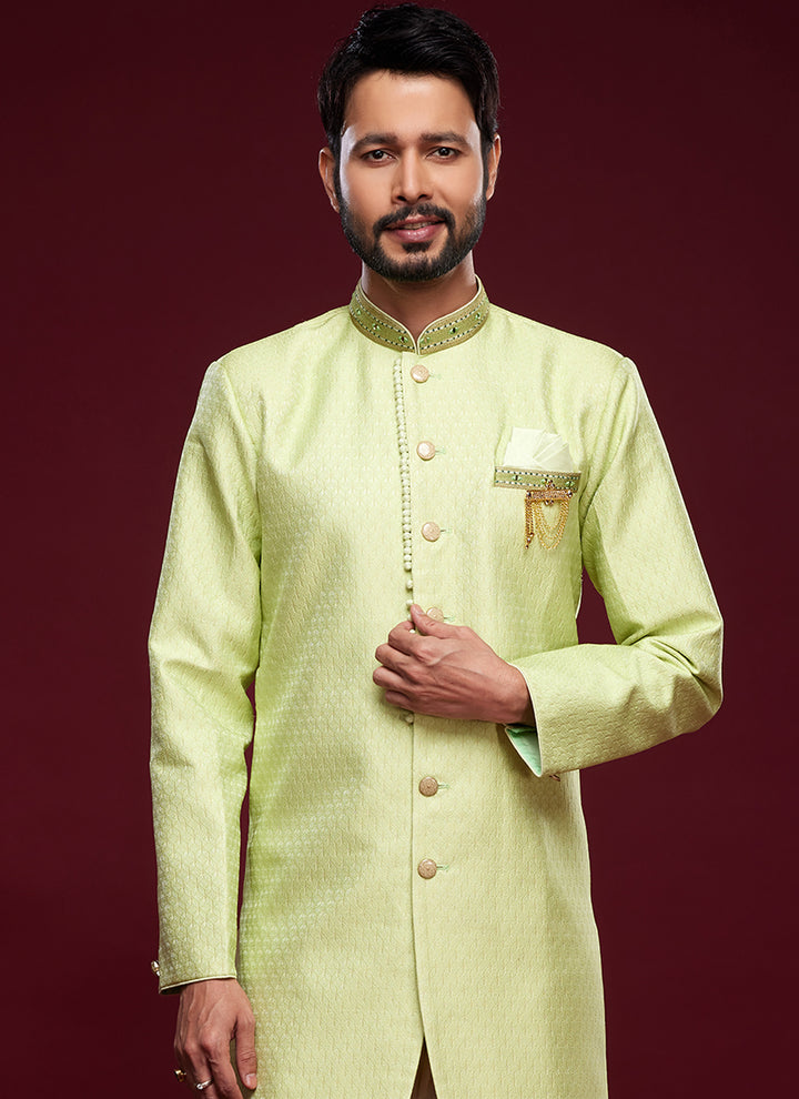 Pista Green Banarasi Jacquard Peshawari Indo Western | Festive Wear