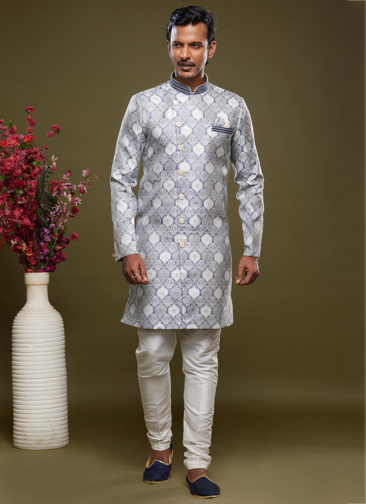 Light Gray Banarasi Jacquard Indo Western | Elegant Festival Wear for Men