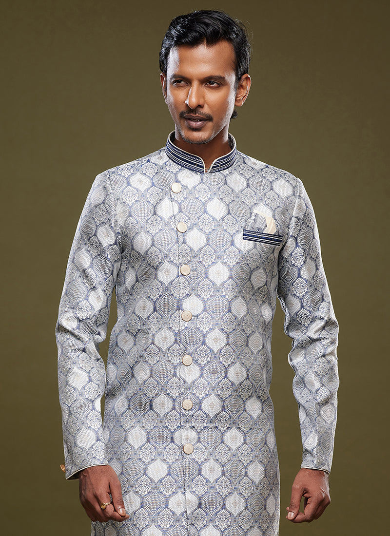 Light Gray Banarasi Jacquard Indo Western | Elegant Festival Wear for Men