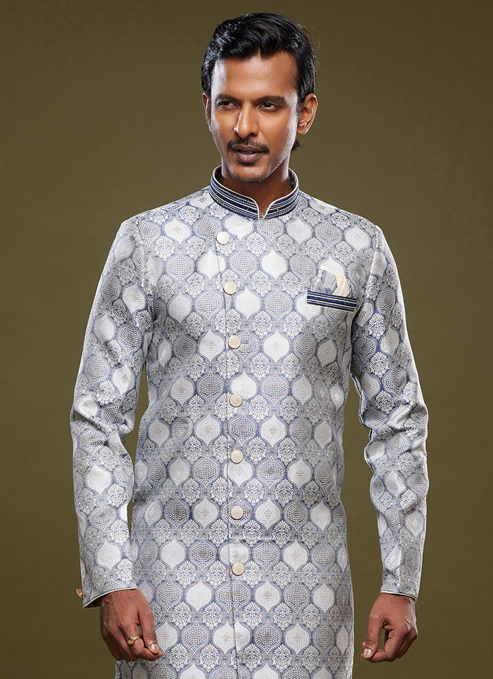 Light Gray Banarasi Jacquard Indo Western | Elegant Festival Wear for Men