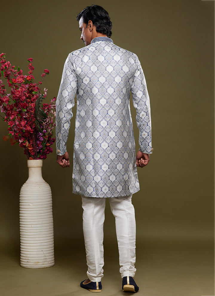 Light Gray Banarasi Jacquard Indo Western | Elegant Festival Wear for Men