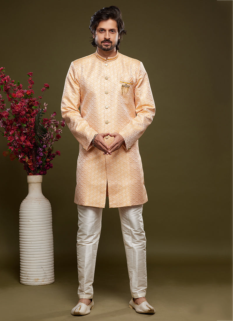 Peach Banarasi Jacquard Indo Western | Elegant Festival Wear for Men