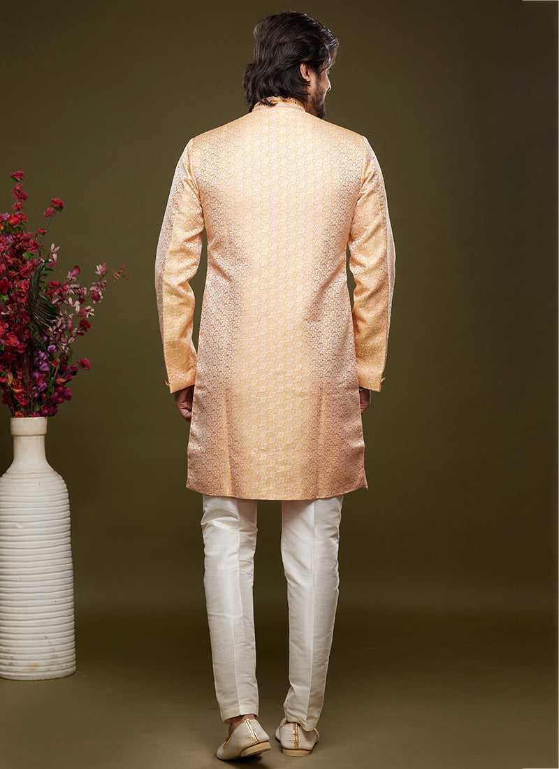 Peach Banarasi Jacquard Indo Western | Elegant Festival Wear for Men
