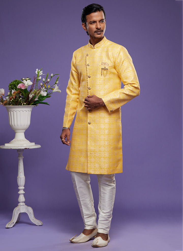 Yellow Banarasi Jacquard Indo Western | Elegant Festival Wear for Men