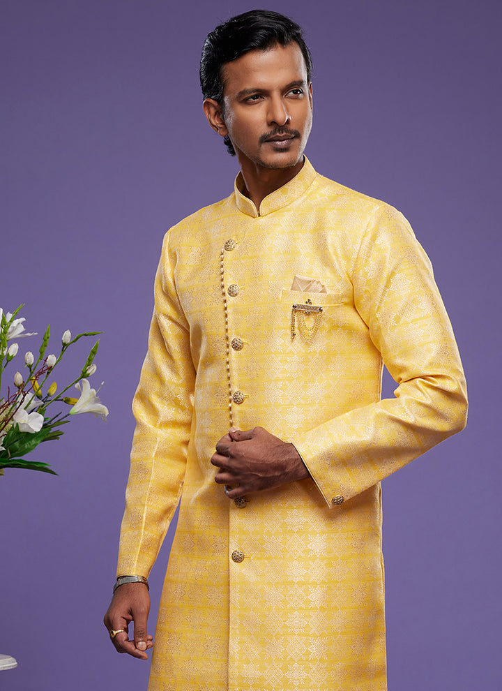 Yellow Banarasi Jacquard Indo Western | Elegant Festival Wear for Men